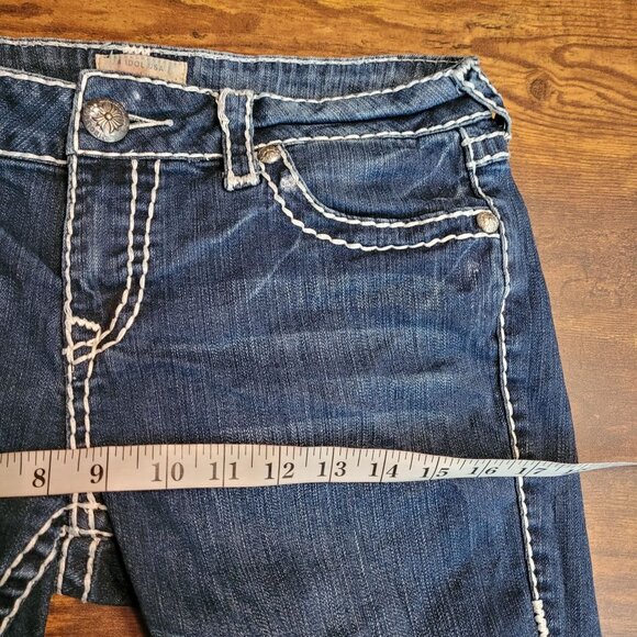 LA Idol Cut Off Denim Shorts Size 11 Low Rise Raw Hem Thick Stitch Button Flaps - Picture 6 of 9